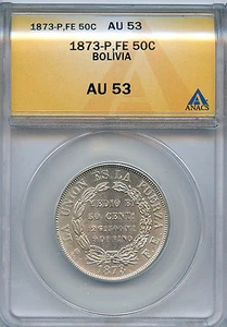 1873 P FE 50c BOLIVIA AU 53 ANACS (ALMOST ABOUT UNCIRCULATED) SILVER HALF DOLLAR - Picture 1 of 2