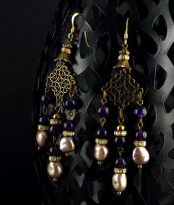 Ohrringe 925 Messing Perlen Amethyst Zirkonia Ohrhänger - verspielt & zauberhaft - Bild 1 von 4