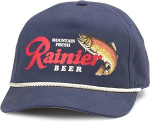Auténtico sombrero American Needle Rainier Beer lona cuerda de cappy azul marino con cierre a presión - Imagen 1 de 2