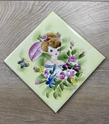 Vtg MCM kitsch Japan Ceramic Trivet Tile Art Wall Hanging Big Eyes Girl 6"x6" Cover