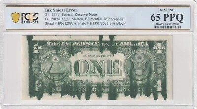 PCGS 65 PPQ HAEVY RAIN GREEN IN SMEAR ERROR 1977 1$ 2892A - Image 1 of 2