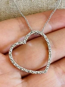925 sterling silver genuine diamond heart necklace 18" - Picture 1 of 4
