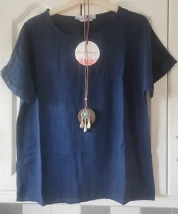 Womens MUDFLOWER Navy Blue Short Sleeve Oversized Necklace Top - UK 10/12 - Picture 1 of 6