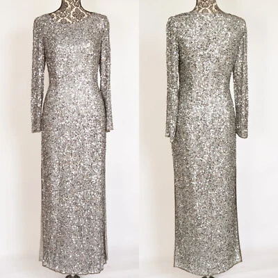 NWT Vintage Scala Hand Sewn Platnuim Silver Sequin Silk Dress Sz 8 Formal - Image 1 of 4