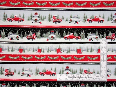 HENRY GLASS & CO FABRIC Christmas Fabric Trucks Stripe Tradition Continues Cotton by Henry Glass Yard