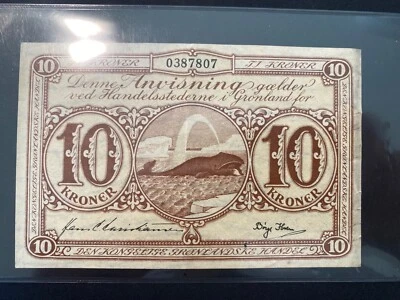 GREENLAND ND (1953) 10 kroner, low XF, scarce variety KM19a with old style nr. - Image 1 of 4