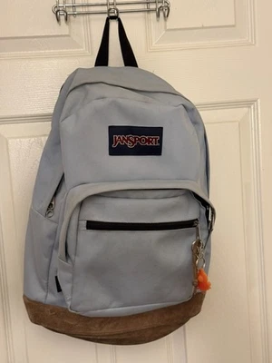 JanSport 右包背包浅蓝色绳织物麂皮绒皮革底部 — 第 1/4 张图片