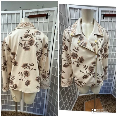 Colleen Lopez, mulher, jaqueta de couro sintético, bege, tamanho XL, zíper, padrão flores marrons.! - Imagem 1 de 4