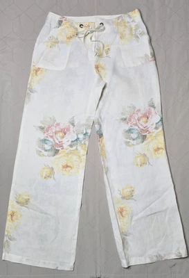 Pantalones Chico's Pierna Ancha 0/Pequeños Blancos Florales 100% Lino Cómodos Bolsillos en la Cintura Foto 1 de 4