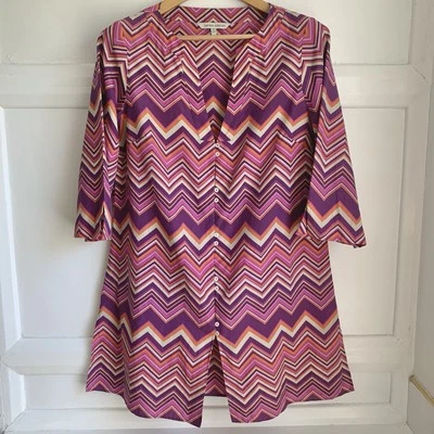 Zigzag Silk Cotton Mini Dress UK 16 Purple Pink Orange 60s 70s Mod Tunic Shirt - Image 1 of 4