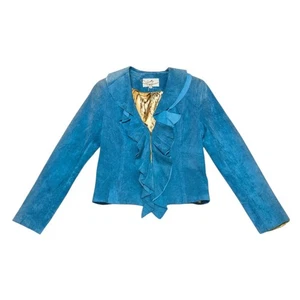 Y2K Scully Ruffle Boar Suede Jacket Tuquoise Blue Long Sleeve Medium Leather - Picture 1 of 5