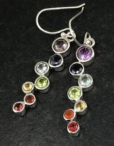 Chakra Rainbow multistone drop earrings, solid Sterling Silver, bubble. Defect. - Picture 1 of 7