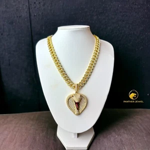 Iced Out Gold Plated Alloy Cuban Chain- Brass Snake Cobra Gold Plated Pendant - Picture 1 of 9