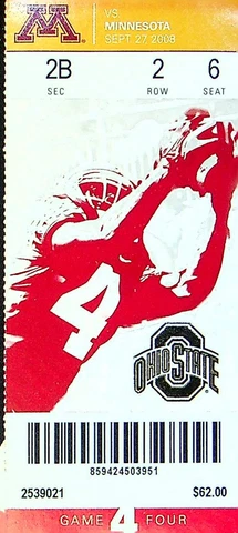Buckeye OSU Football Game Ticket Stub Sep 2008 Vs. Minnesota Golden Gopher Seat6 Cover