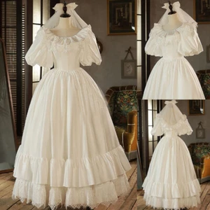 Vintage Wedding Dresses Puff Short Sleeves Satin Scoop Neck Ruffles Bridal Gowns - Picture 1 of 11