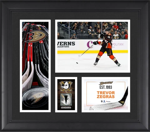 Trevor Zegras Anaheim Ducks FRMD 15" x 17" Collage with a Piece of GU Puck Cover