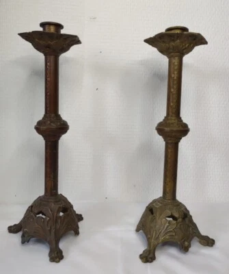 Ancienne Paire De Bougeoirs En Bronze H 32 Cm Début 20 Ème siècle déco intérieur - Photo 1/4