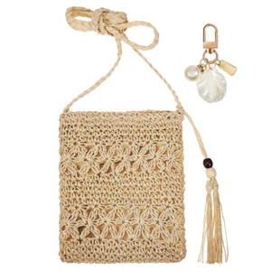Set of 1 Tassel Crossbody Straw Bag Shell Keychain Hanging Vacation - Picture 1 of 11