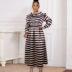 Long Dress Multi Colored Stripped Long Sleeve Ruffle Collar Black White Lavender - Picture 1 of 9