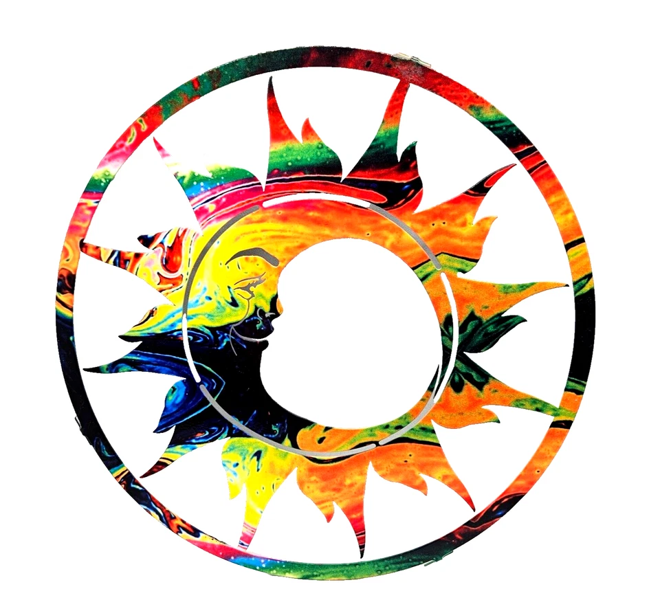 Arte de pared esmaltado Sunburst Moon Face colores arco iris decoración interior exterior Foto 1 de 4
