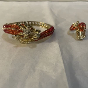 Drachen Armreif Armband & Ring Strass Vintage goldfarben rot Schmuck - Bild 1 von 15