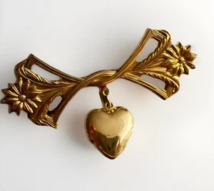 DE COLECCIÓN 1980 LILLIAN VERNON TONO DORADO ART DECO BARRA DE SAN VALENTÍN PIN COLGANTE CORAZÓN MEDALLÓN - Imagen 1 de 2