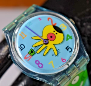 RARE! Swatch 2004 Yellow Cartoon Octopus Balloons Blue Watch NEW BATTERY! - Picture 1 of 11