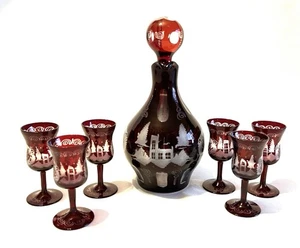 Vintage Egermann Böhmisch Rubinrot Schliff auf Klarglas Karaffe & 6 Stielgläser - Bild 1 von 24