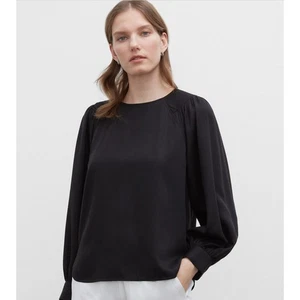 NWT Club Monaco Black Shirred Sleeve Top S Chemise Blouse 100% Tencel - Picture 1 of 11