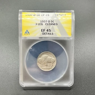 1937-D 3-Legged Buffalo Nickel ANACS  XF45 Details 11EEF5 - Image 1 of 4