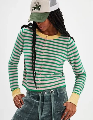 FREE PEOPLE PINK GREEN NOCTURNAL STRIPE CASHMERE BLEND CARDI CARDIGAN SWEATER M - Image 1 of 4