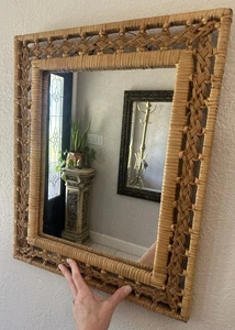Vintage BOHO Rattan Rectangle Mirror MCM Wall Hanging or Leaning READ - Picture 1 of 12