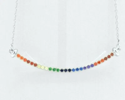Sterling Silver Round Cut Rainbow Sapphire Curved Bar Chain Adjustable Necklace - Image 1 of 4