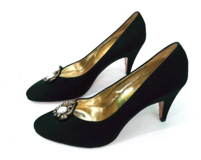 Salvatore Ferragamo Vintage Negro Seda + Estrás Perla Fab 3.5 Tacones 7.5 AA Foto 1 de 4