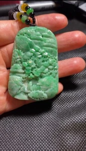VTG 100% Natural Jadeite Jade Hand Carved Pendant 天然缅甸翡翠 A 货山水牌(B1) - Picture 1 of 9