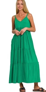 Zenana V Neck Cami Maxi Tiered Dress Stretch Side Pockets Kelly Green Womens NEW - Picture 1 of 8