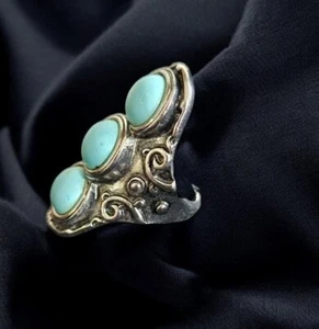 ~ Antique Looking Pewter and Turquoise Blue Stones Ladies Ring Size 8 - Picture 1 of 3