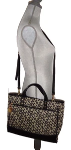 TOMMY HILFIGER Women Signature Shopper Bag Purse Beige Black Canvas Leather Gold - Picture 1 of 12
