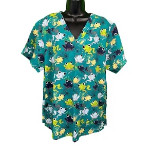 Scrub Top, Unisex, Teal, Frogs, XL(16-18) Carols Scrubs - Picture 1 of 9
