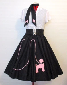 ROCK N ROLL SKIRT~ POODLE SKIRT & SCARF ~ BLACK ~PINK POODLE ~SIZE MED/ LGE - Picture 1 of 6