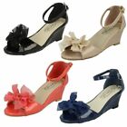Girls Spot On Low Heel Rouche Bow Ankle Strap Patent Summer Wedge Sandals H1R074