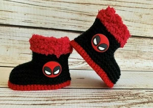 Baby Boy Girl Hand Knitted Booties Boots Deadpool Super hero 0-12m Marvel DC - Picture 1 of 3