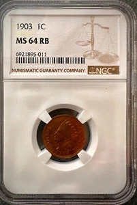 1903-P Indian Head Penny 1c NGC MS64 RB - Picture 1 of 4