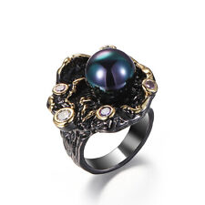 Vintage Fashion Black Pearl Cubic Zirconia Silver Plated Ring for Men and Women