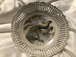 Antique Germany Porcelain Painted Pheasant Dish Reticulated Pierced Edge - Picture 1 of 4