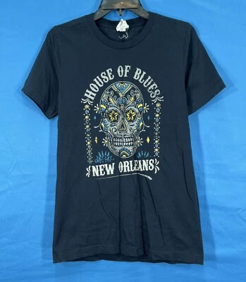 ДОМ БЛЮЗА Новый Орлеан сахар череп черный ДЖЕРСИ ВЯЗАНЫЙ графический футболка S - Изображение 1 из 4