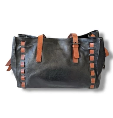 FALOR Le Borse Italia Bolso de Cuero Tejido Bolso de Acento Negro Marrón Bolso de Mano Cartera Foto 1 de 4