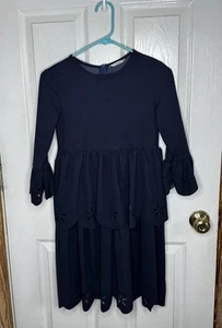 Shein Eyelet Dress Girls Size 10 Tiered Woven Long Sleeve Knee Length Solid Navy - Picture 1 of 5