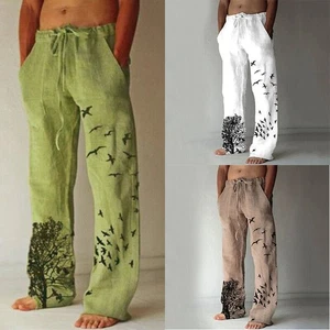 Hippy Long Pants Beach Hippy Long Printed Cotton Casual Trousers Mens Loose - Picture 1 of 10