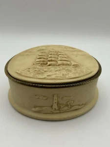 Vintage Rare GENUINE INCOLAY STONE Belt Buckle W/ Trinket Box Ship Lighthouse - Picture 1 of 14
